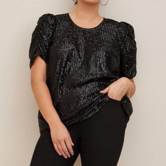 ❌SOLD Torrid Black Sequin Ruched Sleeve Top 2X NWT 18859297 - Picture 2 of 14